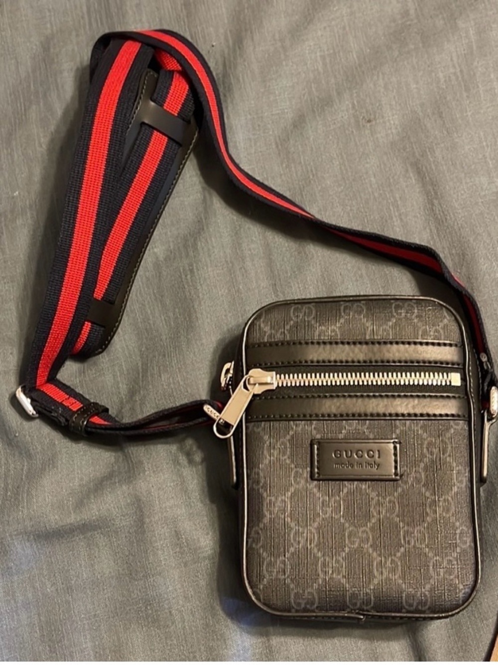 Gucci Black GG Supreme Crossbody Bag with Red-Black Strap